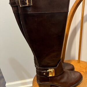 Brown Leather Riding Boots with Gold Buckles